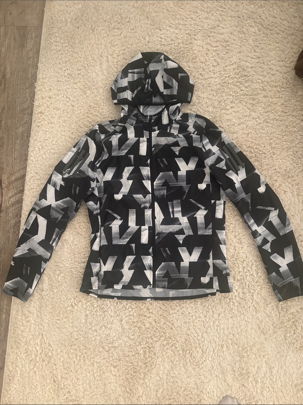 Adidas Black and White Geometric Print Hooded Jacket